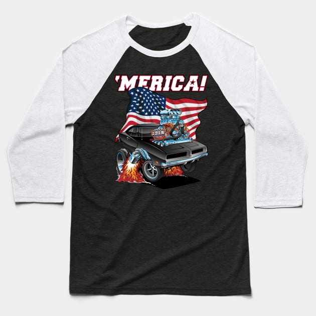 Merica Patriotic Classic Hot Rod Muscle Car USA Flag Cartoon Baseball T-Shirt by hobrath